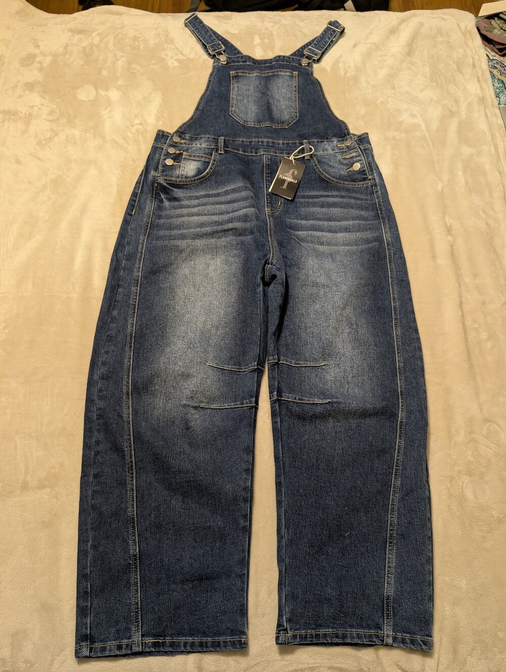 Flamingals Wash Patch Pocket Stitch Detail Barrel Leg Denim Overalls NWT - Picture 5 of 16